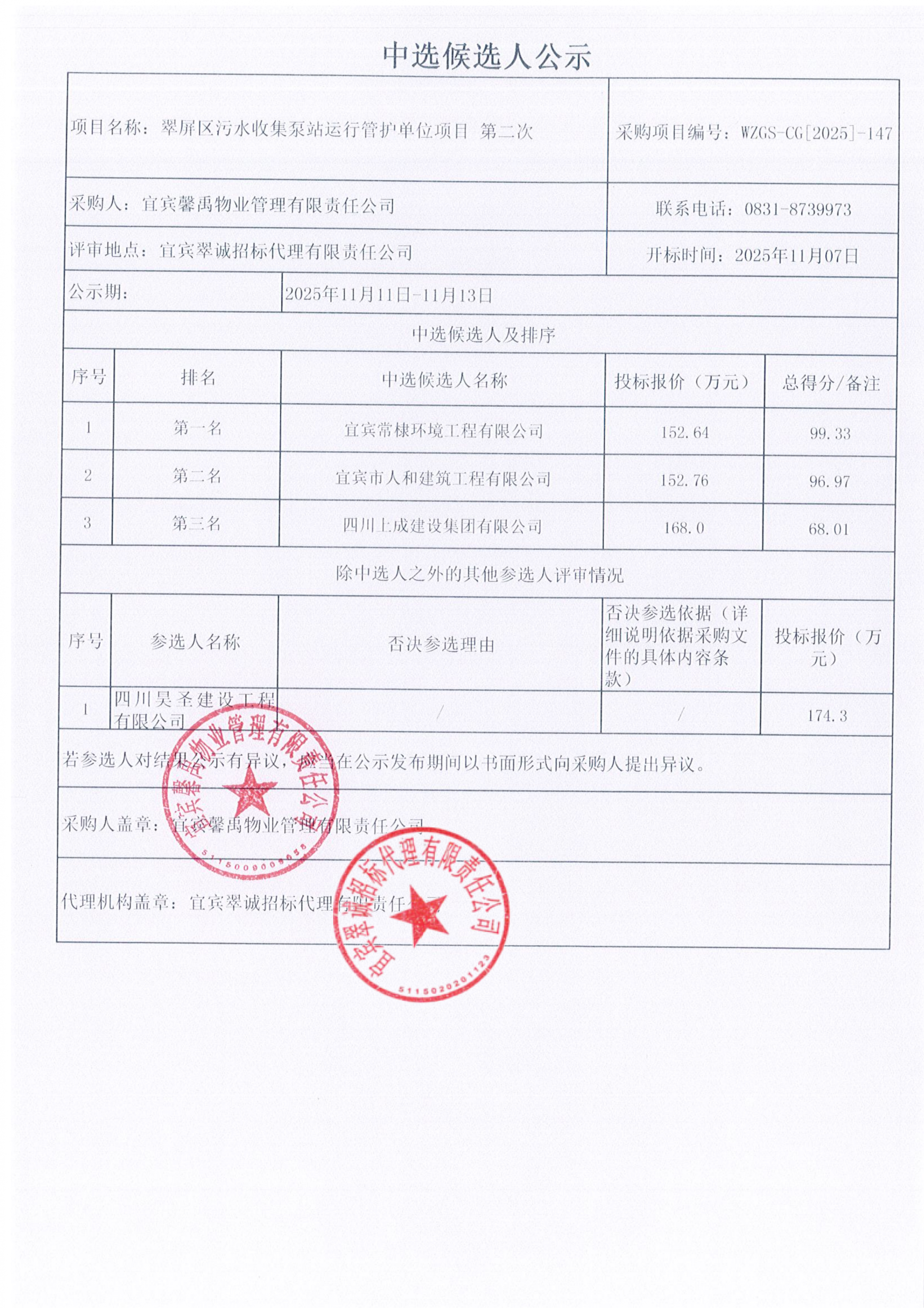 翠屏区污水收集泵站运行管护单位项目第二次中选候选人结果公示.png
